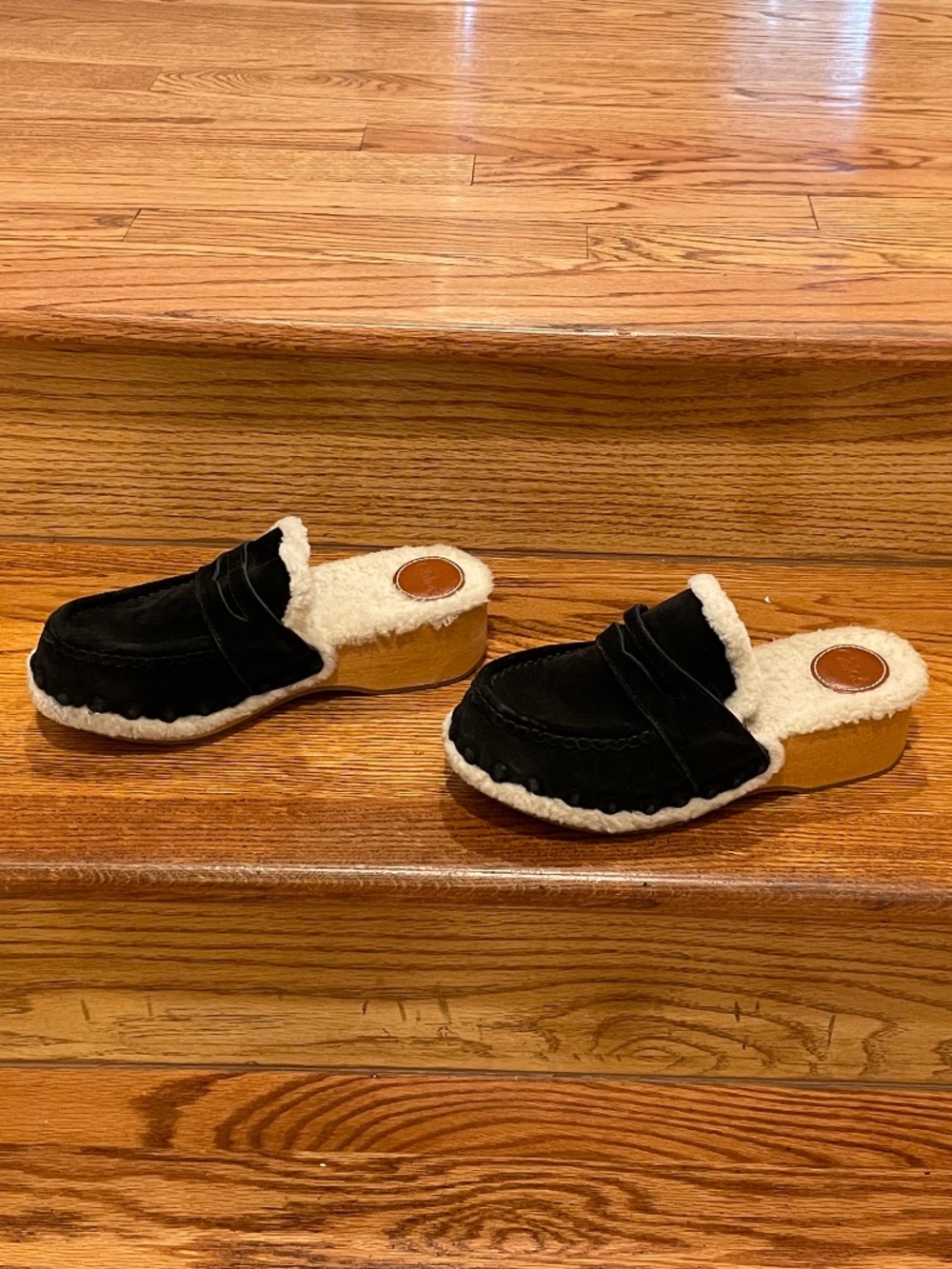 Chloé Joy Black Suede Shearling Lined Platform Clog Mules Sz 36 - Picture 7 of 8